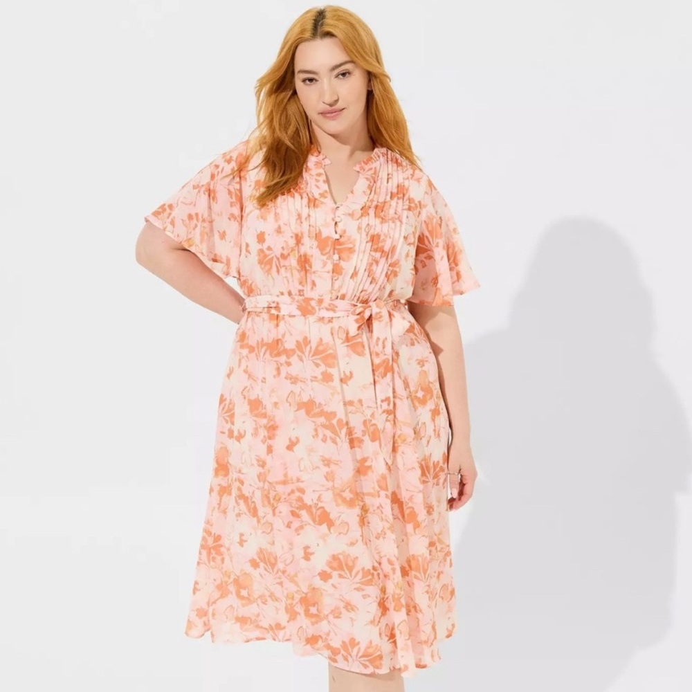 Torrid Midi Chiffon Ruffle Neck Pintuck Dress